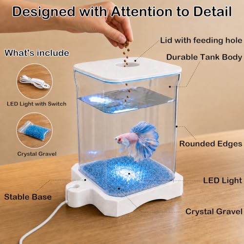 0.5 Gallon Betta Fish Tank Aquarium Starter Kit with Light and Lid(White) | Premium Acrylic Aquarium with Light and Lid, Crystal Clear Starter Kit for Betta Fish, Shrimp, Snails and Small Fish - color: White, size: 0.5 Gallon