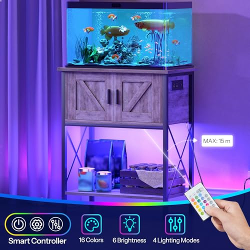 HOOBRO 20 Gallon Fish Tank Stand with Power Outlets and LED Light, Metal Frame Aquarium Stand, Reptile, Turtle Tank Stand with Cabinet Storage, 27.6'' L x 15.7'' W, 300 LBS Capacity, Greige BG40UDFT01 - color: Greige + Black