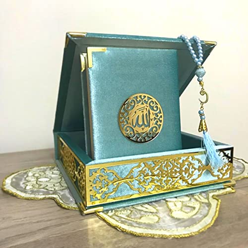 Velvet Covered Quran and Pearl Tasbih in Wooden Decorative Box | Quran Gift Box | Islamic Gift Set | Islamic Birthday, Wedding Gift | Muslim Eid Ramadan Gift (Blue) - color: Blue