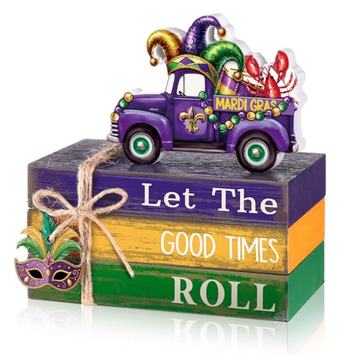 4 Pcs Mardi Gras Decorations Mardi Gras Centerpieces Truck Table Decorations Farmhouse Wooden Tabletop Blocks Sign for Party Rustic Tiered Tray Shelf Office Carnival Decor - style: Mardi Gras