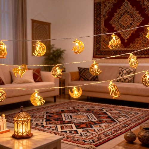 Ramadan Eid Mubarak Lights, Metal Islamic Lantern Moon Decor Lights with Remote Control, 8 Lighting Modes & 2 Brightness, Ideal for Eid Home Party Fireplace Wall Decor Indoor - style: Eid Decorations