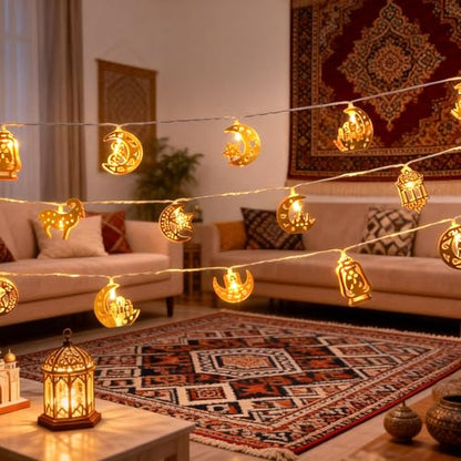 Ramadan Eid Mubarak Lights, Metal Islamic Lantern Moon Decor Lights with Remote Control, 8 Lighting Modes & 2 Brightness, Ideal for Eid Home Party Fireplace Wall Decor Indoor - style: Eid Decorations