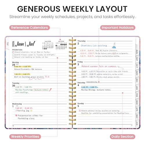 Planner 2026–2027, Academic Monthly Weekly Spiral Calendar, July 2026 – June 2027, Hardcover Agenda Notebook with Tabs, 6.3" x 8.5", Perfect for Students, Teachers, School & Daily Planning - Windmill Fields - color: O-Windmill Fields, size: (6.3"x8.5")a5