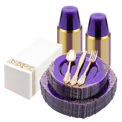 Bestluck 175PCS Clear Purple Plastic Plates for 25 Guests - color: Purple, size: 25 Guests