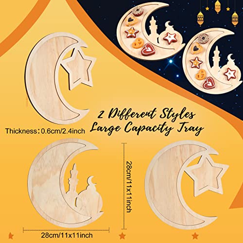 Queekay 2 Pieces Ramadan Tray Eid Mubarak Tray Wooden Star Moon Shaped Ramadan Islam Wooden Artistic Moon Star Dessert Pallet Eid Mubarak Decorations for Table Islam Artistic