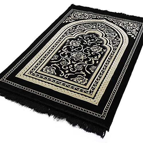 Modefa Turkish Islamic Velvet Prayer Rug - Thick Wide Soft Prayer Carpet - Men & Women - Large Prayer Mat - Eid & Ramadan Gift - with Kufi Cap Beads & Car Hanger - Double Plush Floral Black - color: Floral Arch - Black