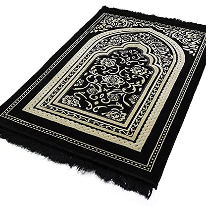 Modefa Turkish Islamic Velvet Prayer Rug - Thick Wide Soft Prayer Carpet - Men & Women - Large Prayer Mat - Eid & Ramadan Gift - with Kufi Cap Beads & Car Hanger - Double Plush Floral Black - color: Floral Arch - Black