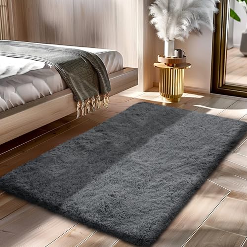 Fluffy Rug Shag Area Rug, Grey 2x4 Area Rugs for Bedroom, Small Bedside Rug, Soft Fluffy Shag Entryway Throw Rugs for Living Room Bedroom Room Home Decor - color: Grey, size: 2' x 4' (Rectangular)