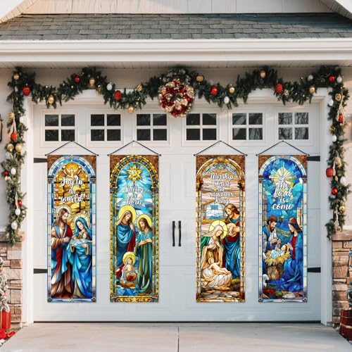 Panelee 4 Pcs Nativity Scene Banner Religious Christmas Backdrop Holy Nativity Stained Glass Style Wall Decorations Jesus Porch Sign for Xmas Indoor Outdoor Church Wall Hanging Decor - style: Nativity