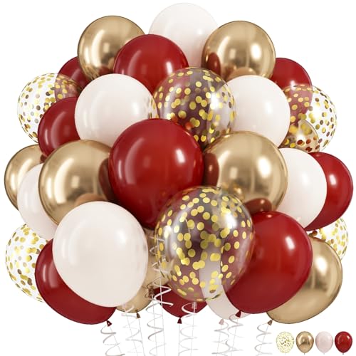 Burgundy and Gold Balloons, 60Pcs Burgundy Maroon Wine Dark Red White Metallic Gold Nude Balloons with Confetti Balloons for Girls Birthday Graduation Bridal Shower Wedding Party Decorations Supplies - color: Red Gold White, size: 12 inch 60pcs