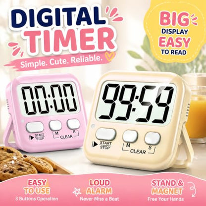 2 Pack Digital Timer for Kids Classroom Kitchen Timers for Cooking | w/ Battery, Easy to View, Alarm, Mute Mode, Count Down/Up, Magnetic, Kickstand, Hanging, Classroom Timer for Teacher Supplies - color: 2 * Lovely Pink + Light Peach