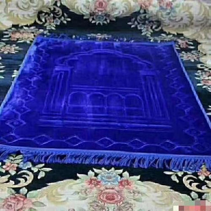Thick Flannel Muslim Prayer Rug Embossed Turkish Prayer Carpet Islam Prayer Mat Rosary Beads for Men Women Islamic Janamaz Great Ramadan Eid Gift Elegant Sajadah with Tassel Salat Rug 80x120cm - color: Loyal Blue