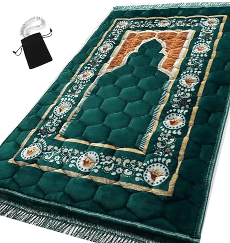 Prayer Rug Muslim Mat Islamic - Padded Very Thick Prayer Rug Sajadah for Men Women with Islam Prayer Beads for Eid Travel Ramadan, Soft and Luxury (Green Dl) - color: Green D