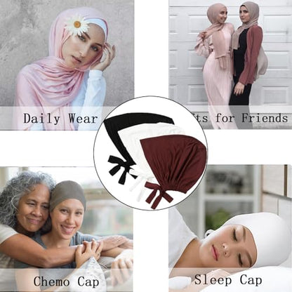 Women Under Scarf Hat Hijab Undercap Islamic Muslim Under Scarf Hijab Cap with Tie-Back Closure - color: Black+coffee