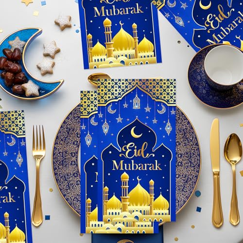 Rakuto Eid Mubarak Napkins Decorations, 100PCS Ramadan Disposable Paper Napkins Decorations for Home, Islamic Star Moon Themed Party Supplies for Home Weddings - style: Eid Mubarak