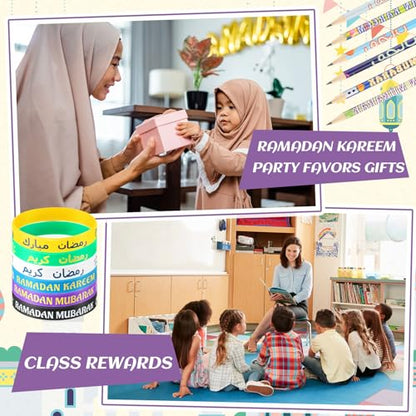 Feifeiya 96 Pcs Ramadan Eid Mubarak Gifts, Eid Pencils Ramadan Wristbands Party Favors Muslim Gifts for Kids Students Classroom Party Supplies - style: Ramadan Style
