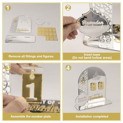 Acrylic Ramadan Countdown Calendar 2026, Silver Eid Mubarak 30 Day Advent Calendar, Ramadans Decorations for Home, Indoor Islamic Table Stand Fireplace Office Desk Decor, Muslim Kids for Gifts