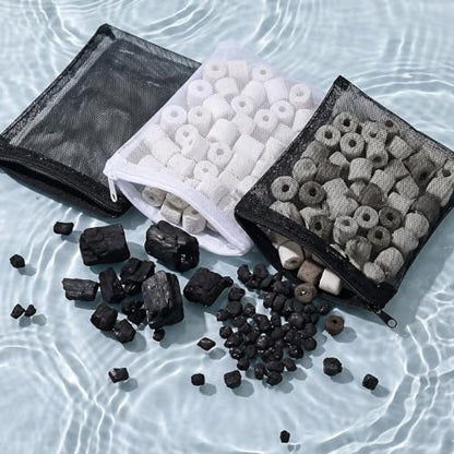 16 Pcs Aquarium Filter Media Bags Extra Fine, Fine Mesh Filter Media Bag with Zipper, White and Black Bag for Fish Tank Activated Carbon, Biospheres, Ceramic Rings