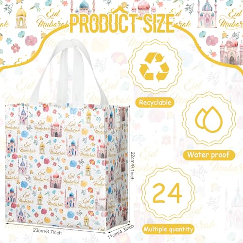 Amylove 24 Pcs Reusable Eid Mubarak Gift Bags with Handles Non Woven Ramadan Goodie Bags Eid Mubarak Party Favor Treat Gift Wrapping Shopping Tote Ramadan Party Supplies 9.2" x 8.7" x 4.3"