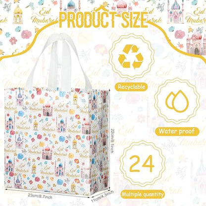 Amylove 24 Pcs Reusable Eid Mubarak Gift Bags with Handles Non Woven Ramadan Goodie Bags Eid Mubarak Party Favor Treat Gift Wrapping Shopping Tote Ramadan Party Supplies 9.2" x 8.7" x 4.3"