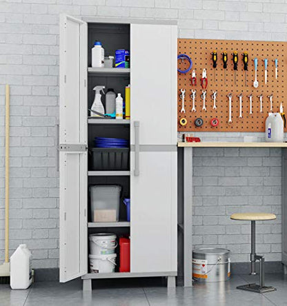Keter Storage Cabinet with Doors and Shelves for Laundry Room, Garage, Bathroom Accessories, Closet and Home Organization, White & Grey