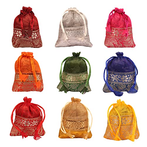 Touchstone Drawstring Bags Traditional Indian Handcrafted Fabric Perfect for Gifts Jewelry Weddings Pouches Purses Potli - color: 코끼리_멀티컬러 (9개 팩), size: 3x3 inches