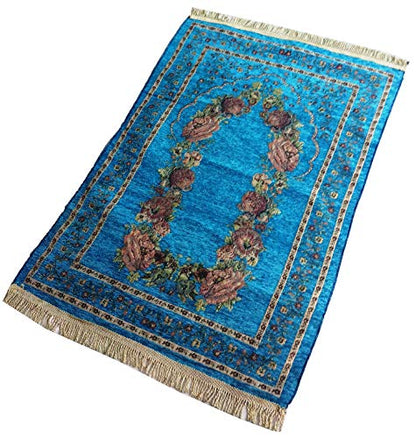 Islam Portable Sajadah Carpet Thin Prayer Mat Janamaz AMN-211 Floral Design Chenille Worship Blanket Travel Rug Namaz Area Muslim Gift (Light Blue) - color: Light Blue