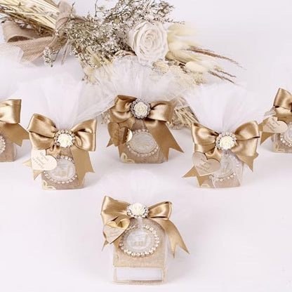 IEF Pack of 5 Personalized Mini Quran Islamic Party Favors, Velvet Mini Quran Decorated with Tulle Islamic Muslim Gift for Special Occasions