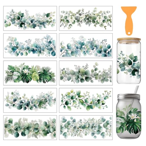 arricraft 10 Sheets Olive Leaves Theme UV DTF Cup Wrap for 16OZ Glass, Grassy Clumps Rub on Decals PVC Transfer Stickers for DIY Cups Window Home Printing Decoration 24x11cm/9.4x4.3inch - style: Olive Leaves Theme