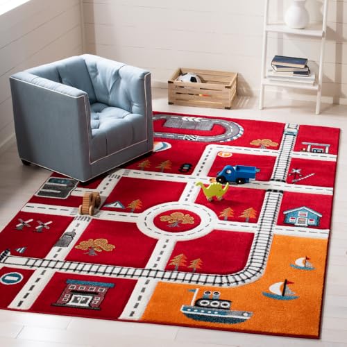 SAFAVIEH Carousel Kids Collection Accent Rug - 4' x 6', Red & Ivory, Neighborhood Design, Non-Shedding & Easy Care, Ideal for High Traffic Areas for Boys & Girls in Playroom, Bedroom (CRK192Q) - color: Red/Ivory, size: 4' x 6' (Rectangular)