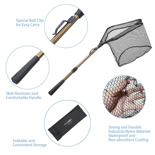 YVLEEN Folding Fishing Net - Foldable Fish Landing Net Robust Aluminum Telescopic Pole Handle and Nylon Mesh 16inch Hoop Size - color: C:16”/40cm Hoop Size (Telescopic Handle) Gold