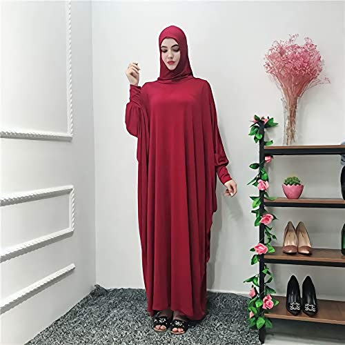 FPOVFPO Womens Solid One-Piece Prayer Dress Muslim Abaya Islamic Maxi Breathable Ramadan Dress Kaftan Hijab - color: Red