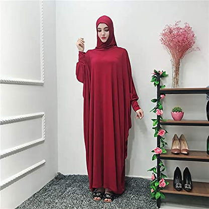 FPOVFPO Womens Solid One-Piece Prayer Dress Muslim Abaya Islamic Maxi Breathable Ramadan Dress Kaftan Hijab - color: Red