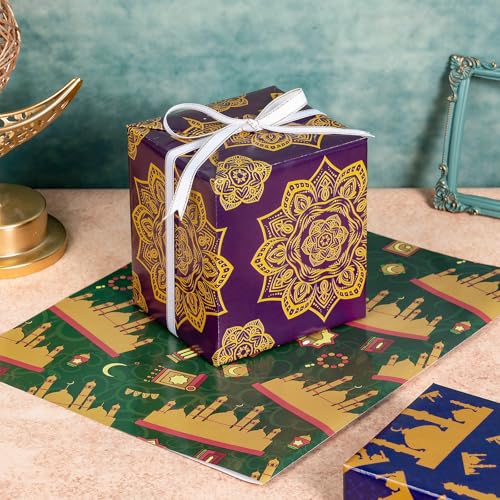 RUSPEPA Eid Wrapping Paper Sheets, Crescent Moon Mosque & Geometric Mandala Design, Religious Holiday Gift Wrap for Islam Ramadan, Eid al-Fitr, Muslim Celebrations, 6 Folded Sheets, 19.68 X 27.5 Inch - color: Eid al-Fitr