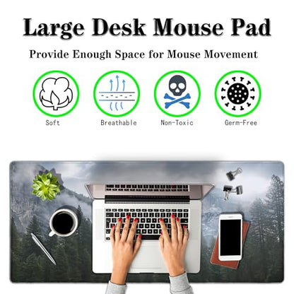 Gaming Mouse Pad - Green XXL Non-Slip Rubber Base 35.4" X 15.7" for Game Office, Park Nature Mountain Trees Mist - color: National Park