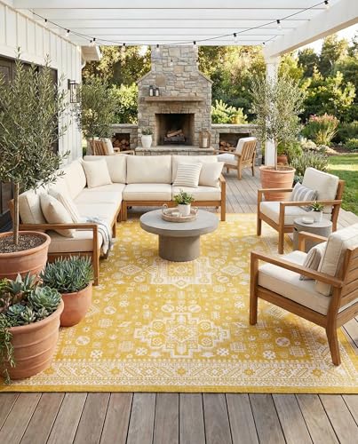 Rugs.com - Outdoor Aztec Rug – 10' x 13' 1 Yellow Indoor/Outdoor Rug – Washable Stain-Resistant Area Rug for Patios, Decks, and Porches - color: Yellow, size: 10' x 13' (Rectangular)
