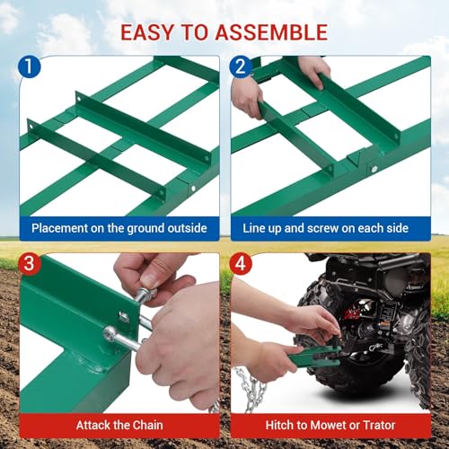 48" Heavy Duty Steel Driveway Drag Harrow with Chain Harrow System, Tow-Behind Gravel Leveler for ATV/UTV, Lawn & Utility Tractors, Durable Landscape Leveling Tool for Driveways, Dirt & Sand