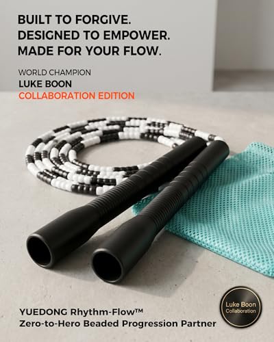 YUEDONG Soft Beaded Jump Rope for Teens & Adults, World Champion Luke Boon Collaboration, Adjustable Freestyle Jump Rope with 20cm Long Handles, Tangle-Free TPU Beads for Rhythm Training, Fitness Workout & Tricks | Luke Boon collaboration, soft TPU beads,