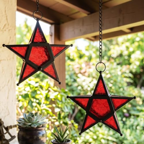 VELA LANTERNS Set of 2 Decorative Hanging Star Candle Lanterns – Moroccan Style Red Glass & Metal Tealight Holders for Indoor, Outdoor, Patio, and Home Decor - color: Red