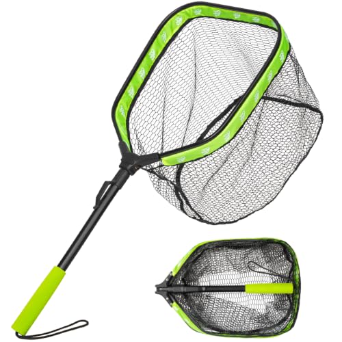 Floating Fishing Net for Fly Fishing, Foldable Landing Net | 31.2" Length, 15"x11.8" Hoop, Fish Net with Rubber Coated Polyethylene Mesh for Bass, Trout, Kayak & Boat Fishing - color: Green