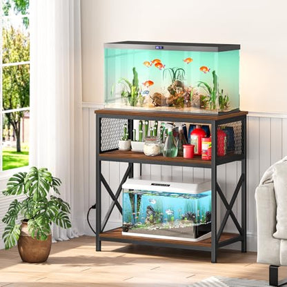 Snughome 29 Gallon Aquarium Stand with Charging Station, Heavy Duty Fish Tank Stand with Storage Cabinet, Metal Aquarium Stand Fits 20 Long, 29 & 30 Gallon Tanks, 350 LBS Capacity, Rustic Brown - color: Brown With Outlet, size: 29 Gallon