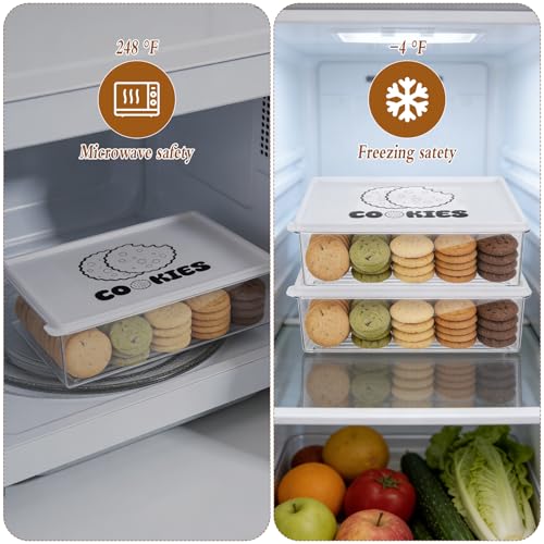 2 Pack Stackable Cookie Storage Containers Airtight with Lids, Large Plastic Cookie Storage Case Clear Cookies Holder Box for Baked Biscuits, Snacks, Dumplings, Fruit