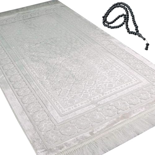 Modefa Velvet Prayer Rug - Soft Plush Turkish Janamaz Sajada Carpet for Men and Women - Plain Solid Prayer Mat Ramadan Eid Gift - with Prayer Beads - Luxury Floral Stamp (White) - color: White