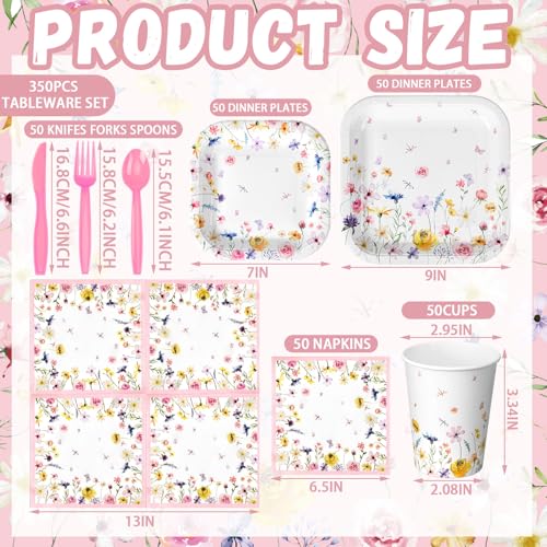 350 Pcs Wildflower Paper Plates and Napkins Set 9 Inch 7 Inch Disposable Durable Spring Floral Dinnerware Set Wedding Baby Shower Party Supplies Tableware Serve 50 Guest Cups Knife Forks Spoon - color: Pink, style: Wildflower
