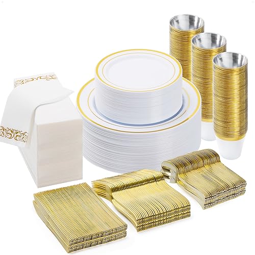 BESTVIP 350 PCS Disposable White and Gold Plastic Plates for 50 Guests - color: Gold, size: 50 Guests