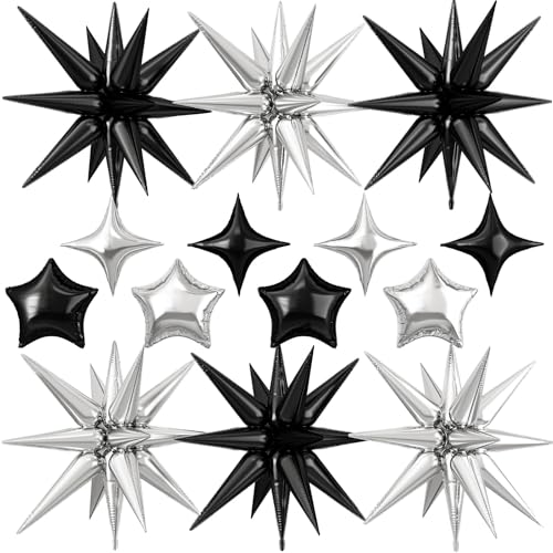 Black Silver Star Balloons, 22 Inch Explosion Stars & 10 Inch Foil Balloons - color: Black Silver