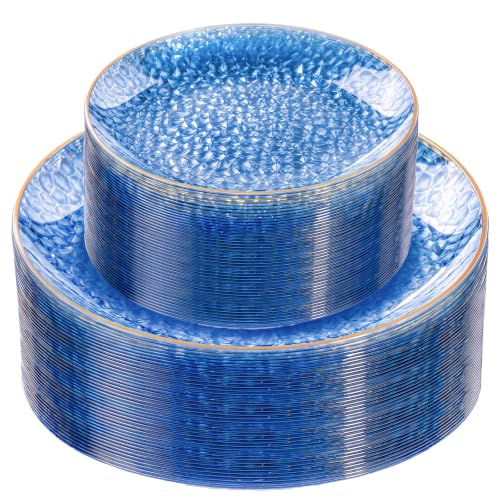 Rubtlamp 60Pcs Clear Blue Plastic Plates, Hammered Blue Plates, Clear Fancy Disposable Plates With Gold Rim Include 30 Dessert Plates, 30 Dinner Plates for Party - color: Clear Blue Gold