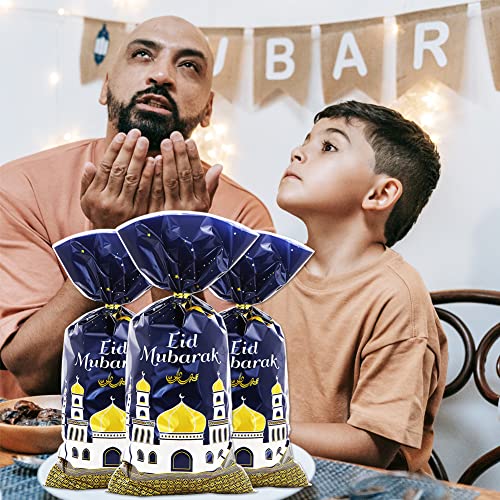 2026 Eid Mubarak Goodie Bags, 100 Pieces Muslim Castle Moon Star Pattern Ramadan Treat Bags Cellophane Bags Goody Favor Bags with Gold Twist Ties for Muslim Islamic Eid Iftar Diwali Party Kids Gifts - color: Blue