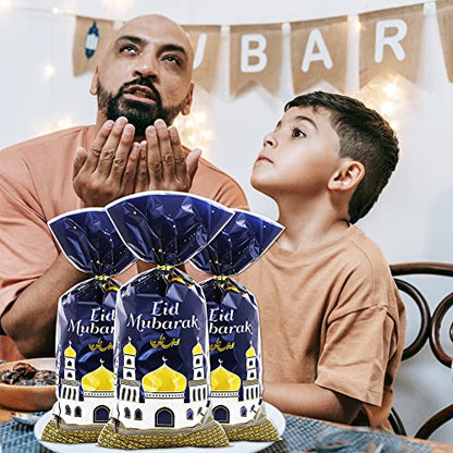 2026 Eid Mubarak Goodie Bags, 100 Pieces Muslim Castle Moon Star Pattern Ramadan Treat Bags Cellophane Bags Goody Favor Bags with Gold Twist Ties for Muslim Islamic Eid Iftar Diwali Party Kids Gifts - color: Blue