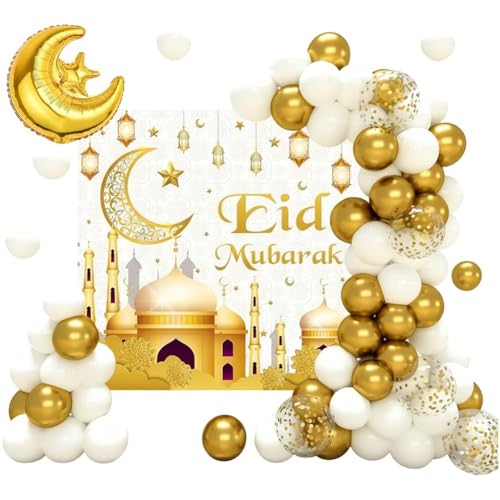 1set Eid Mubarak Decorations for Home, Gold Balloons Arch Garland Kit with Moon Star Balloons Eid Mubarak Backdrop Banner for Ramadan Islamic Party Decoration - color: White